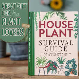 Plant survival guide book beside a "Great Gift for Plant Lovers" sign
