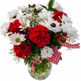 Red carnations and white daisies in a clear glass vase with gingham ribbon