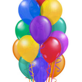Cluster of colorful balloons with curling ribbons