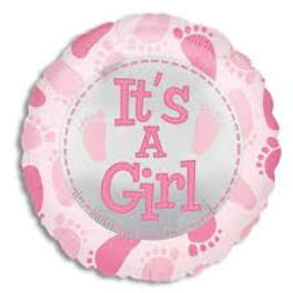 Pink round balloon with "It's A Girl" text and baby footprints