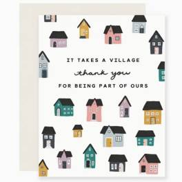 Greeting card with colorful house illustrations and thank-you text