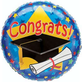 Round graduation balloon with a cap, diploma, and "Congrats!" text