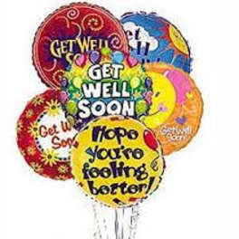Cluster of colorful get-well balloons with messages