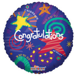 Round congratulatory foil balloon with colorful doodles and stars