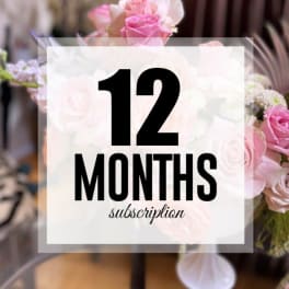 Text reading 12 months subscription over a pink rose bouquet background