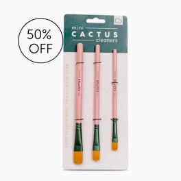 Pack of three mini cactus cleaning brushes on retail packaging