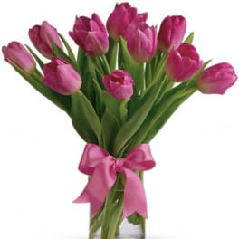 Pink tulips in a clear glass vase tied with a pink ribbon