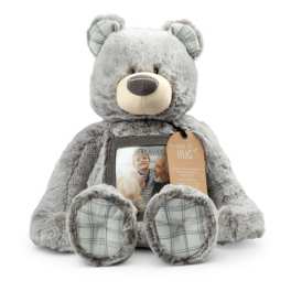 Gray plush teddy bear holding a photo frame and tag