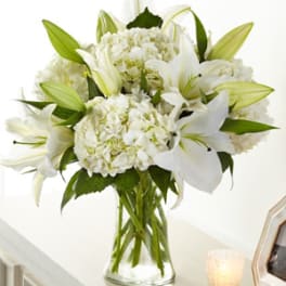 White lilies and hydrangeas arranged in a clear glass vase