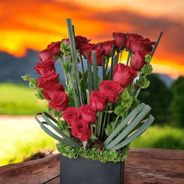 Red roses arranged in a black square vase with tall green leaves