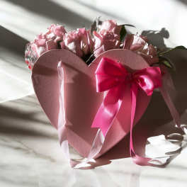 Pink roses in a heart-shaped gift box with a satin bow