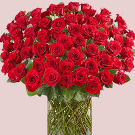 Large bouquet of red roses in a clear glass vase