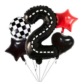 Cluster of black, red, and checkered number balloons with star and heart shapes