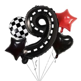 Cluster of black, red, and checkered star-shaped balloons with a large number 9 balloon