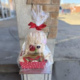 Teddy bear gift basket with a red rose and chocolates in clear wrap