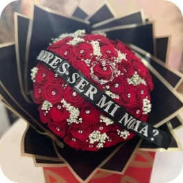 Red rose bouquet with a black sash and white baby's breath