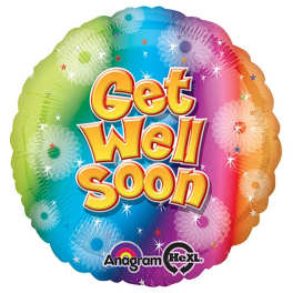 Rainbow foil balloon with "Get Well Soon" text