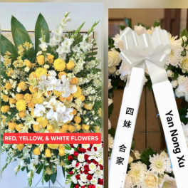 Funeral Sympathy Standing Spray - Yellow Roses, Red Roses, White Orchids