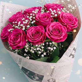 Hot Pink Roses Dozen Bouquet with Baby’s Breath – Premium Gift Wrap