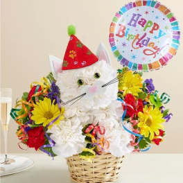 Basket arrangement shaped like a cat with a birthday balloon