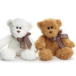 Two teddy bears with plaid bows, one white and one brown