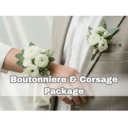 White boutonniere and corsage on a beige suit and wrist