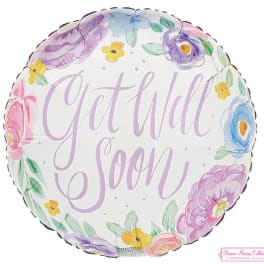 Round floral balloon with "Get Well Soon" text