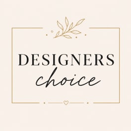 Cream sign with gold border and black text reading Designers Choice