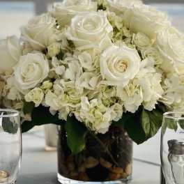 White roses and hydrangeas arranged in a glass vase