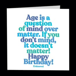 Birthday greeting card with blue and teal text on a white background
