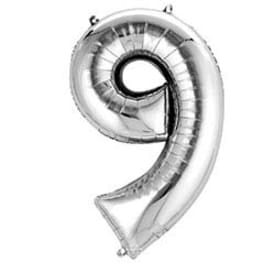 Silver foil balloon shaped like the number 9
