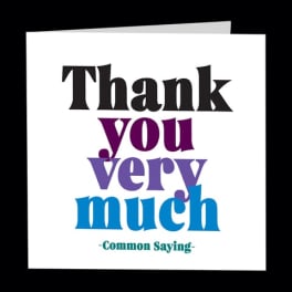 Thank you card with bold multicolor text on a white background