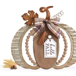 Decorative wooden pumpkin sign with plaid bow and hello fall tag