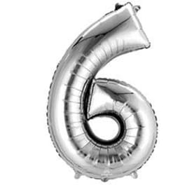 Silver foil balloon shaped like the number 6