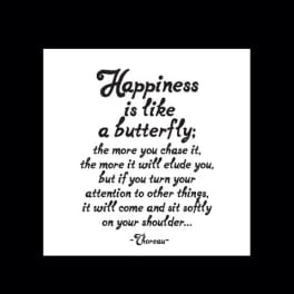 White sign with a black quote about happiness and a butterfly