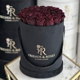 Box of deep burgundy roses in a black round hatbox
