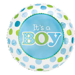 Round balloon with blue text reading It's a Boy