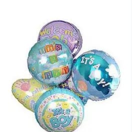 Cluster of baby shower balloons in blue, purple, and yellow
