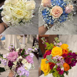 Four hand-held bouquets in different color palettes, including white, blue, lavender, and bright mixed colors.