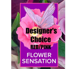 Purple floral sign with a pink flower and butterfly graphic
