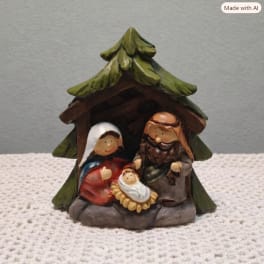 Nativity figurine with Mary, Joseph, and baby Jesus under a small stable