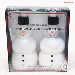Snowman-shaped hand soap and lotion set in a gift box
