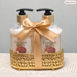 Two coconut grove pump bottles tied with a gold ribbon in a decorative tray.