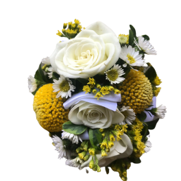White roses with small white daisies and yellow filler flowers