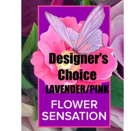 Purple floral sign with a pink flower and butterfly graphic