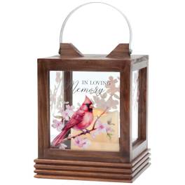 Wooden memorial lantern with a cardinal and cherry blossoms
