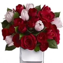 Red and white rose bouquet in a clear glass vase