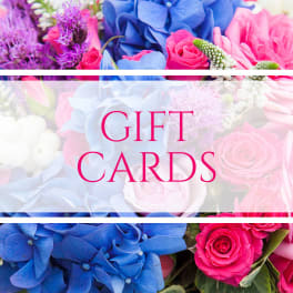 Gift cards with a floral background of blue, pink, and purple flowers