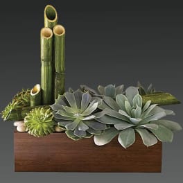 Succulent arrangement in a wooden box with bamboo stalks