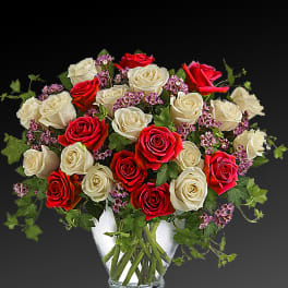 Bouquet of red and white roses in a clear glass vase